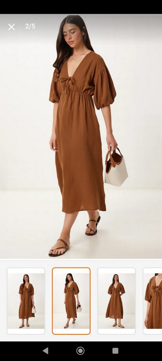 Kahverengi V Yaka Midi Keten Elbise - Görsel 3
