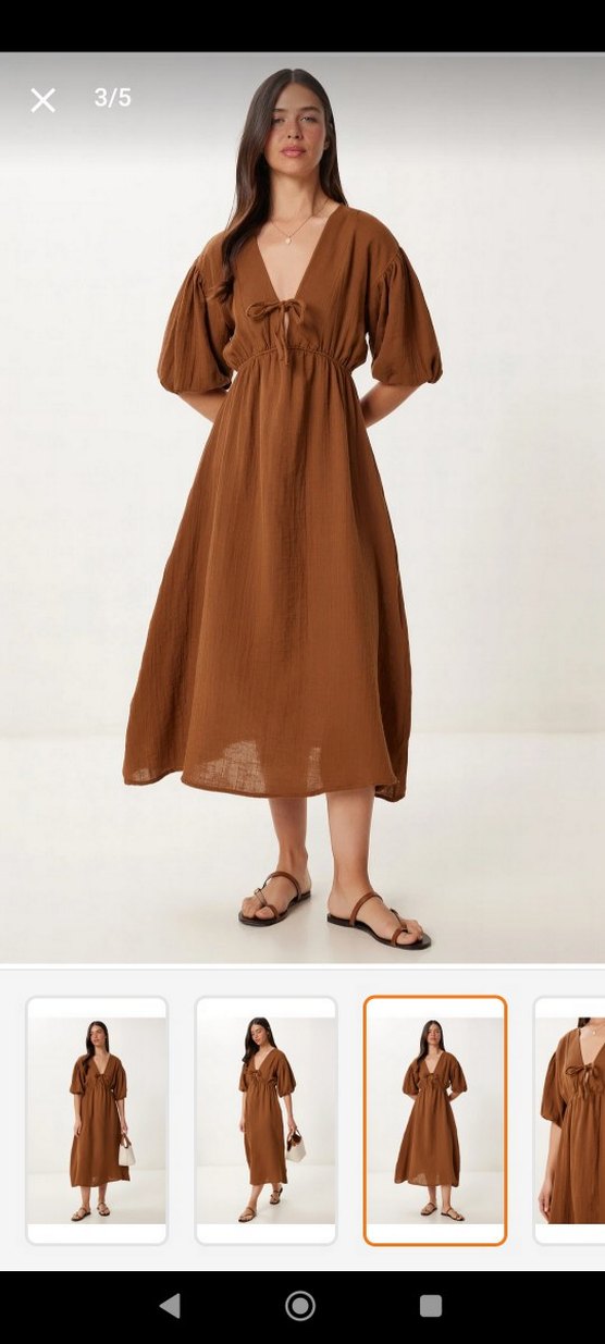 Kahverengi V Yaka Midi Keten Elbise - Görsel 2