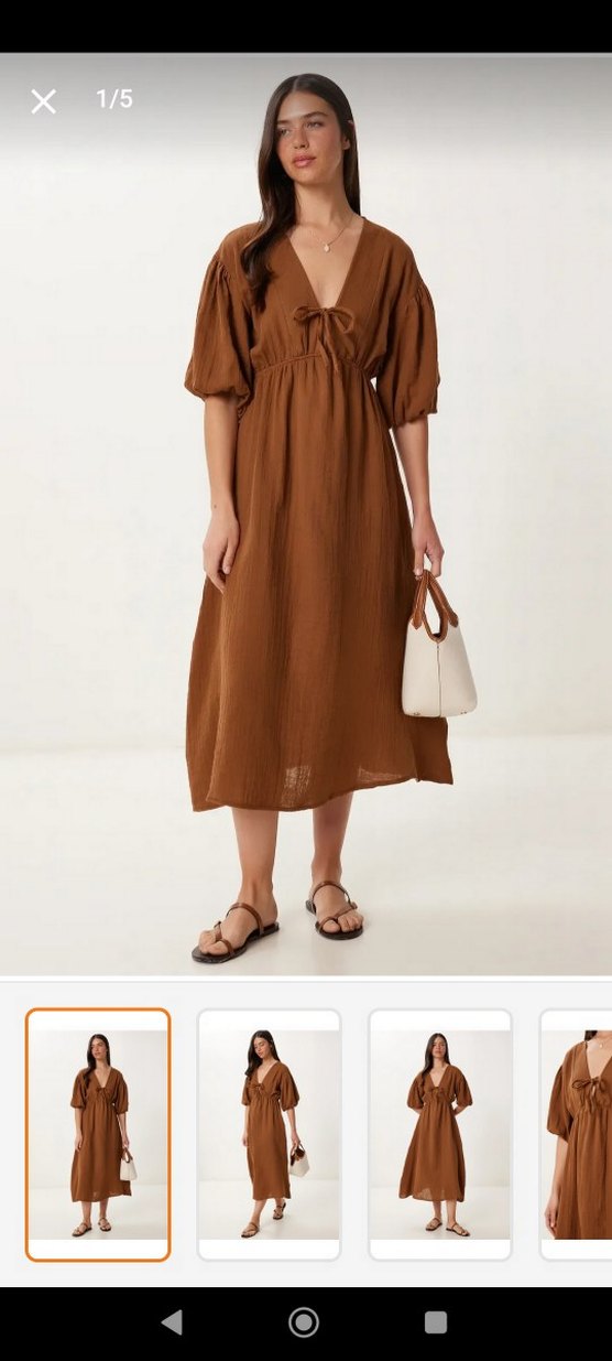 Kahverengi V Yaka Midi Keten Elbise - Görsel 5