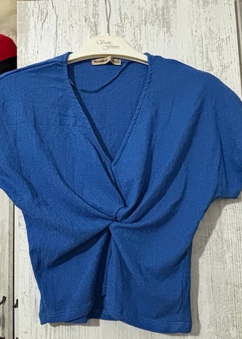 Pull and Bear Kısa Kollu Mavi Keten Kadın Bluz