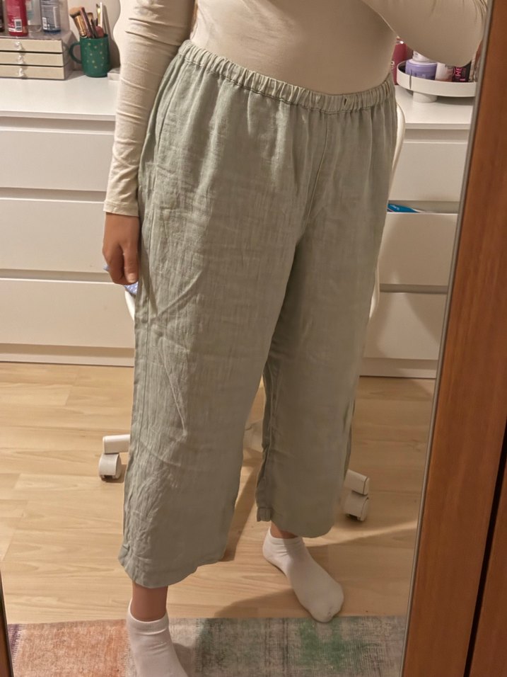 Kadın Bej Keten Rahat Kesim Pantolon - Görsel 2