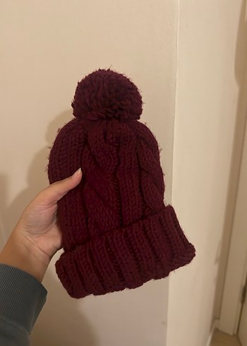 Bordo Örgü Kadın Bere Ponponlu - Görsel 2