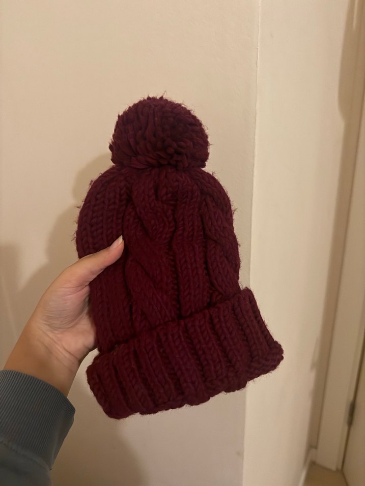 Bordo Örgü Kadın Bere Ponponlu - Görsel 2