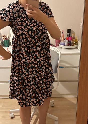 V Yaka Pembe Desenli Bohem Elbise - Görsel 3