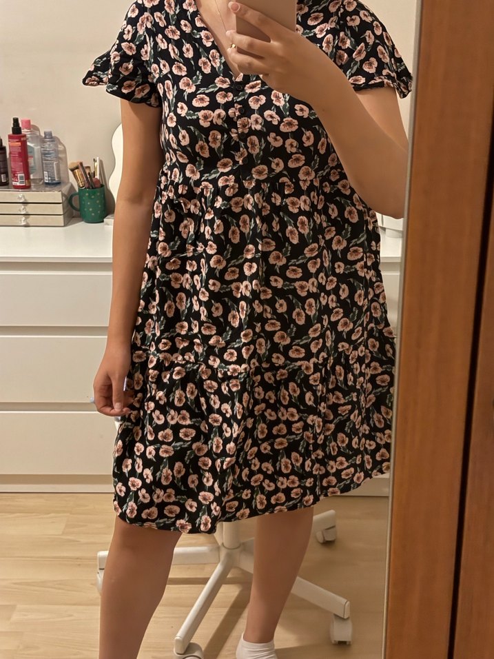 V Yaka Pembe Desenli Bohem Elbise - Görsel 4