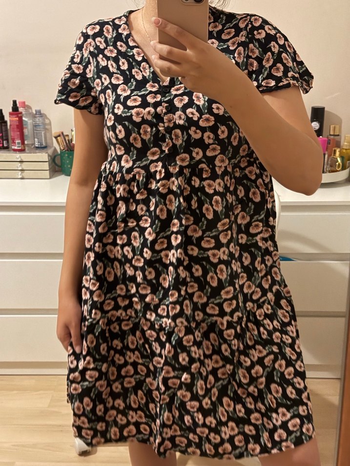 V Yaka Pembe Desenli Bohem Elbise - Görsel 2