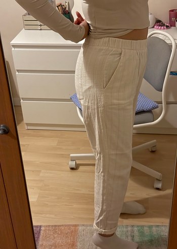 Bej Kadın Keten Rahat Kesim Pantolon - Görsel 4