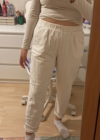 Bej Kadın Keten Rahat Kesim Pantolon - Görsel 2