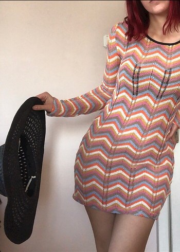 Bisiklet yaka Pastel Renkli Örgü Mini Elbise