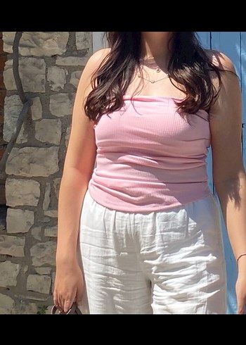 Trendyol & Milla Pembe Straplez Keten Crop Top