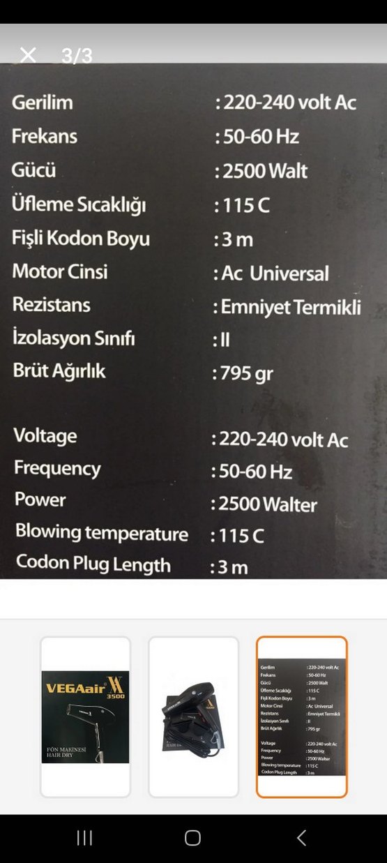 Vega Air 3500 Saç Kurutma Makinesi Siyah - Görsel 3