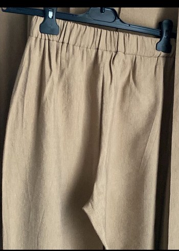 Bej Keten Kadın Bol Paça Pantolon