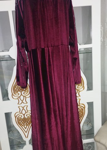 Abiye Bordo Uzun Kollu taşlı Kadife Abiye Elbise