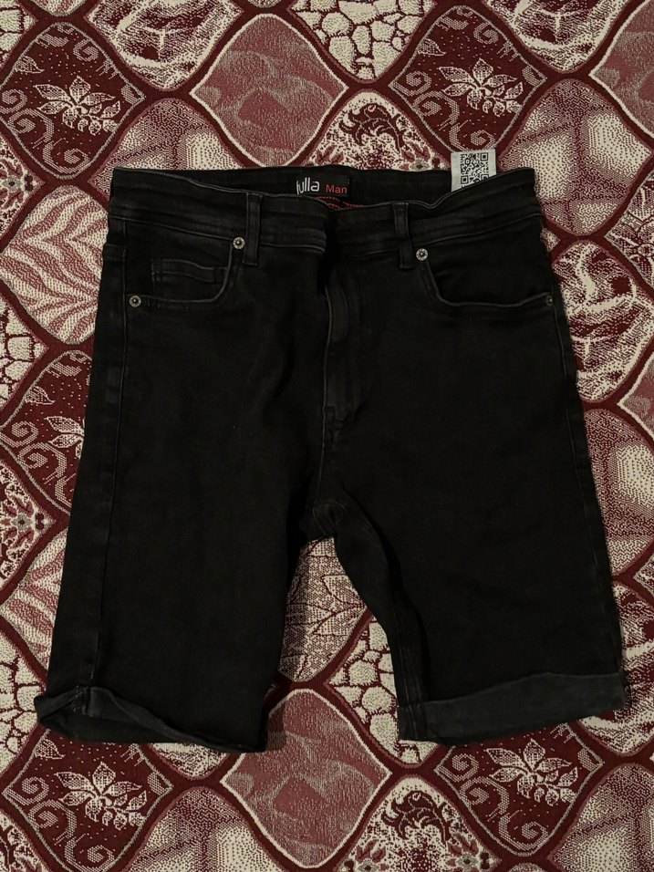 Siyah Erkek Kot Şort, Bol Kesim, Kemerli - Görsel 2