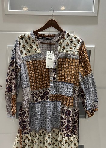 Zara Zara Çok Renkli Kemerli Patchwork Mini Elbise