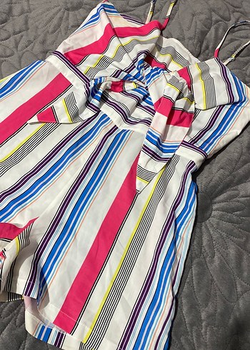 Çizgili, Straplez, Fırfırlı Kadın Mini Tulum - Görsel 2