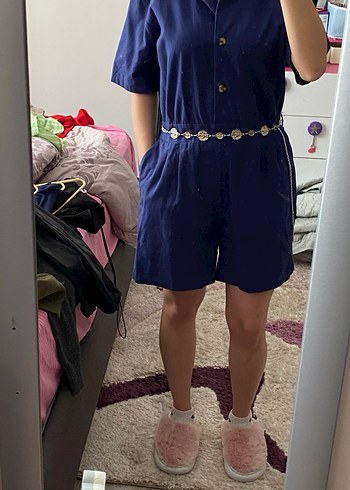 Gevşek Kesim Kısa Kollu Lacivert Keten Tulum - Görsel 2