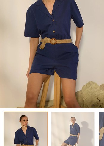 Gevşek Kesim Kısa Kollu Lacivert Keten Tulum - Görsel 5