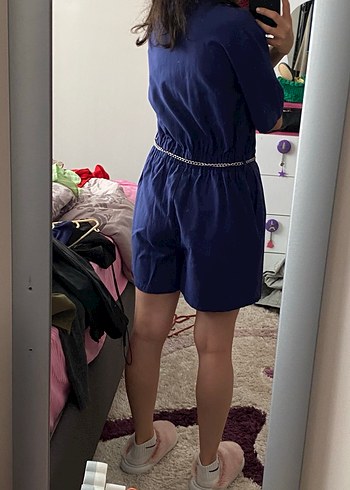 Gevşek Kesim Kısa Kollu Lacivert Keten Tulum - Görsel 3