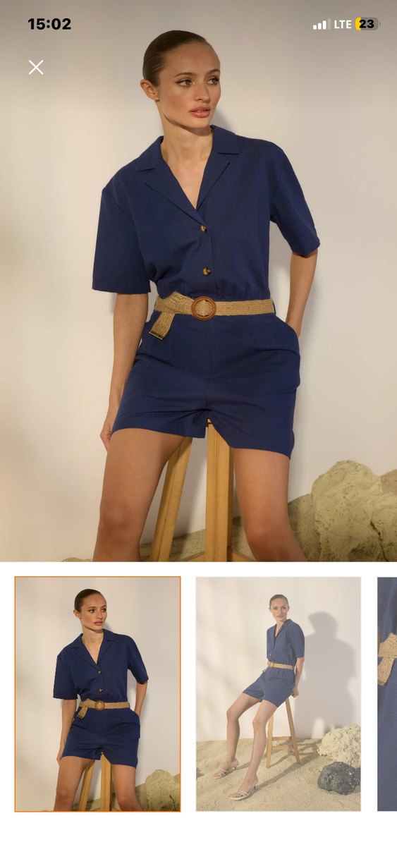 Gevşek Kesim Kısa Kollu Lacivert Keten Tulum - Görsel 5