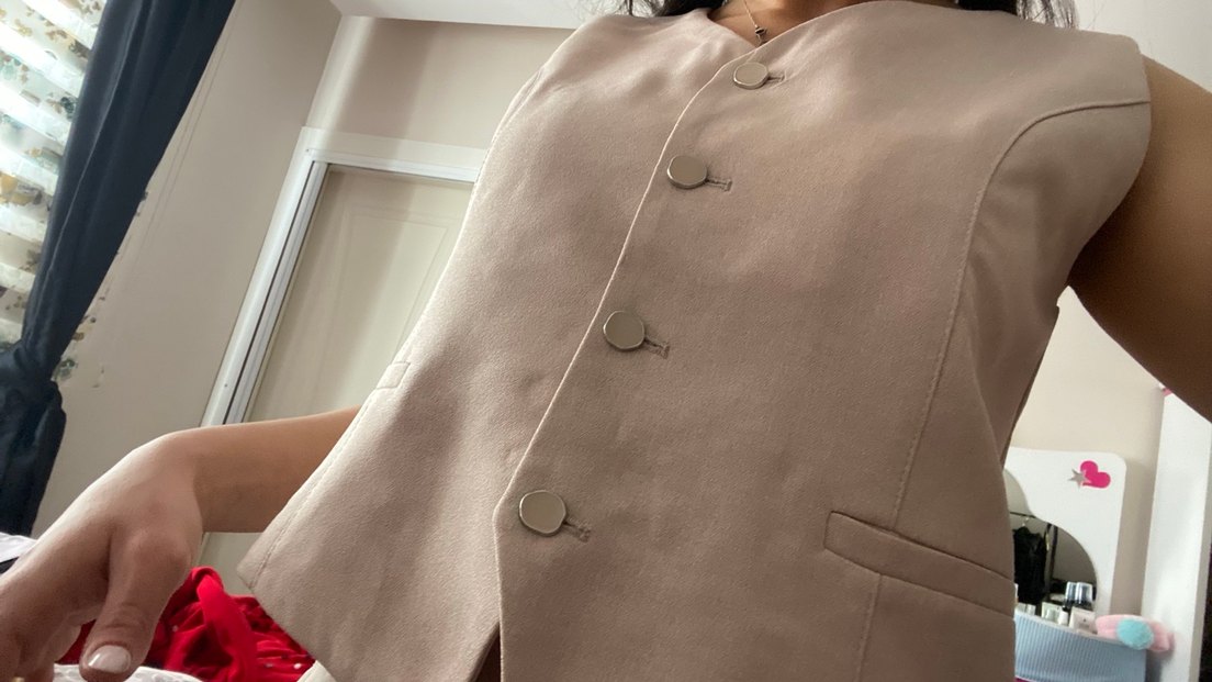 Düğmeli Bej Kadın Kumaş Takım - Görsel 2