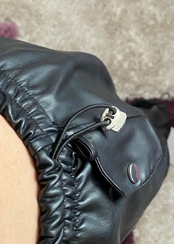 Kadın siyah deri yelekli pantolonun içi şardonlu ikili takım - Görsel 6