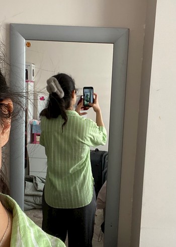 Açık Yeşil Çizgili Keten Kadın Gömlek - Görsel 2