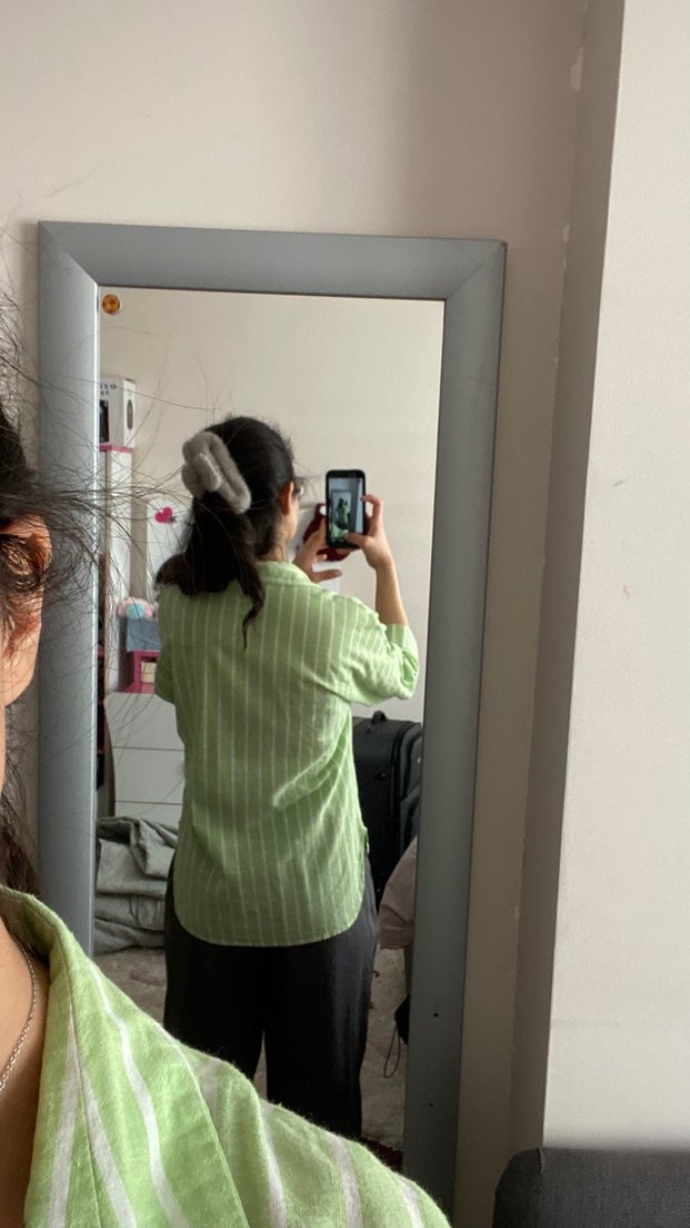 Açık Yeşil Çizgili Keten Kadın Gömlek - Görsel 2