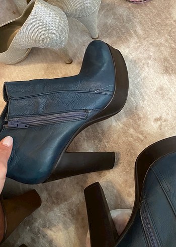 Kahverengi -Lacivert kadın platform topuk bot - Görsel 3