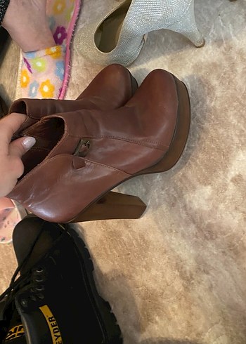 Kahverengi -Lacivert kadın platform topuk bot - Görsel 6