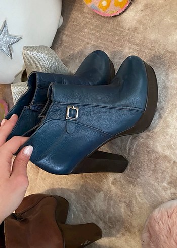 Kahverengi -Lacivert kadın platform topuk bot - Görsel 2