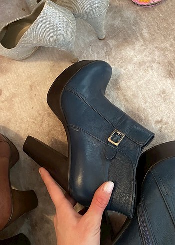 Kahverengi -Lacivert kadın platform topuk bot - Görsel 4