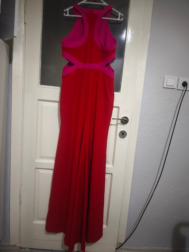 Kırmızı Drapeli Uzun Abiye Elbise - Görsel 4