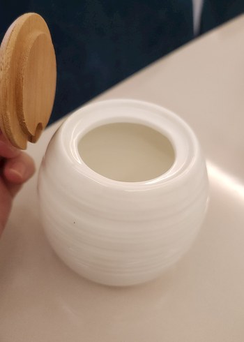 Beyaz porselen Ahşap Kapaklı bal kavanozu - Görsel 4