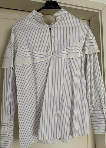 Nocturne Çizgili Fırfırlı Uzun Kollu Kadın Gömlek - Görsel 2