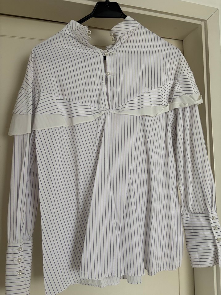 Nocturne Çizgili Fırfırlı Uzun Kollu Kadın Gömlek - Görsel 2