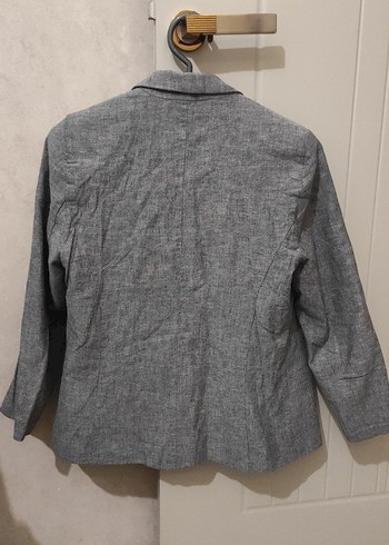 Düğmeli Gri Keten Kadın Blazer Ceket - Görsel 3