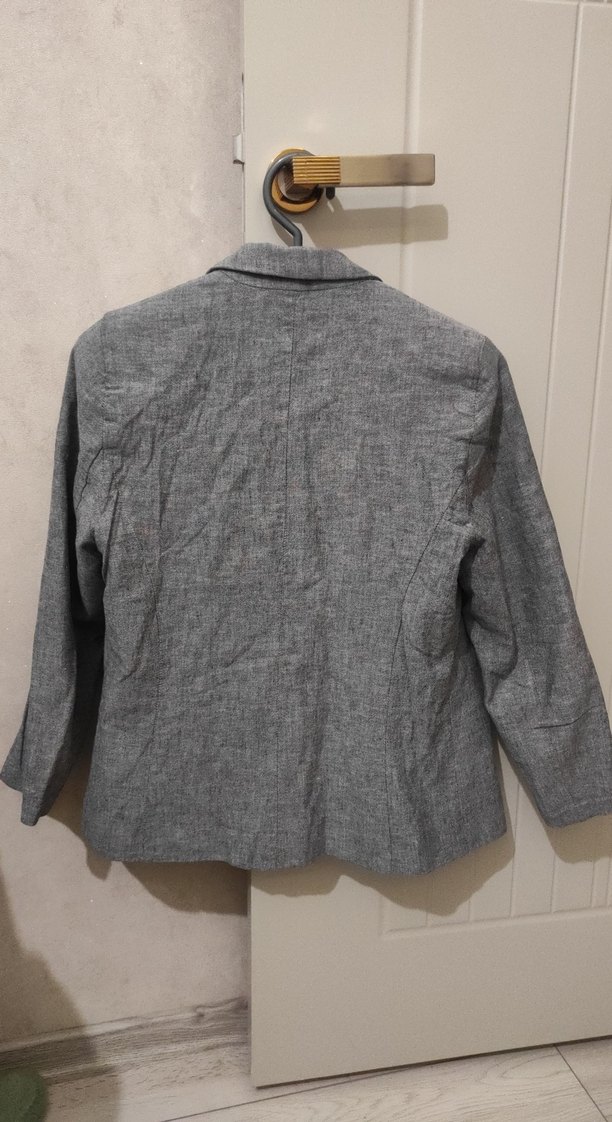 Düğmeli Gri Keten Kadın Blazer Ceket - Görsel 3