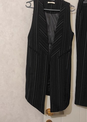 Çizgili Siyah Kadın Kumaş Pantolon smokın yelek takım 36 beden - Görsel 3