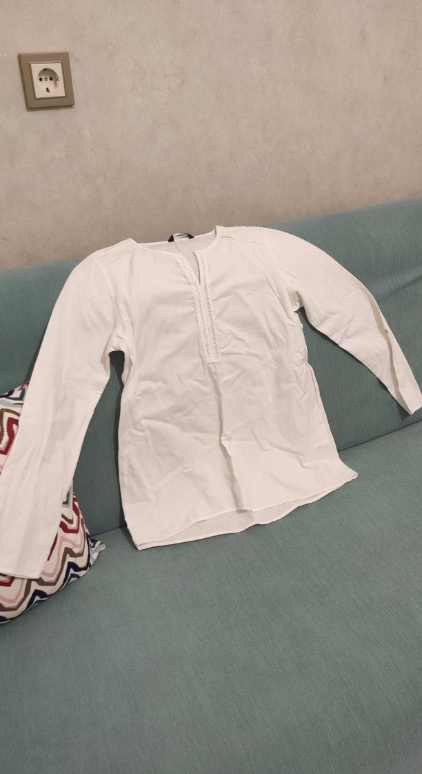 Beyaz Uzun Kollu Keten Gömlek 36 beden - Görsel 3