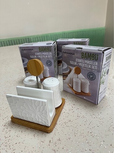 Bambu Stantlı Baharatlık Peçetelik Takımı Kafe vs