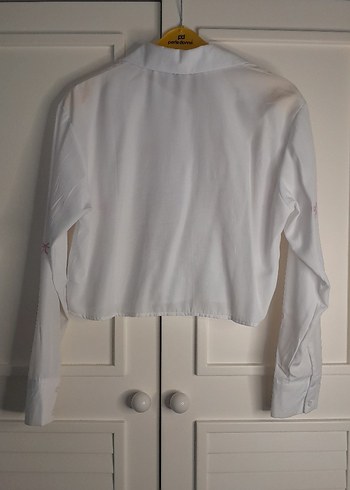 Nakışlı Beyaz Pamuklu Uzun Kollu Gömlek - Görsel 4