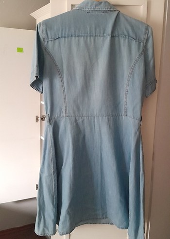 Düğmeli Kısa Kollu Mavi Denim Elbise - Görsel 4