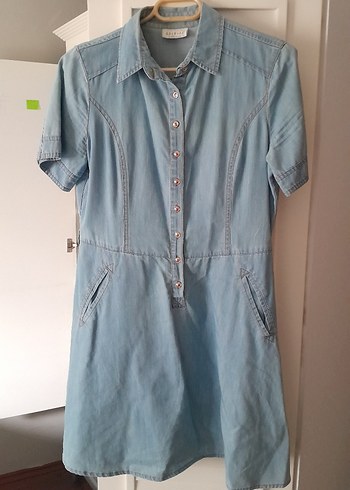 Düğmeli Kısa Kollu Mavi Denim Elbise - Görsel 3