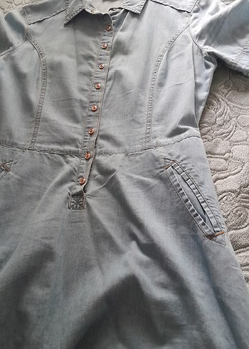 Düğmeli Kısa Kollu Mavi Denim Elbise - Görsel 6