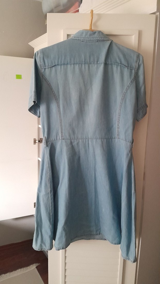 Düğmeli Kısa Kollu Mavi Denim Elbise - Görsel 4