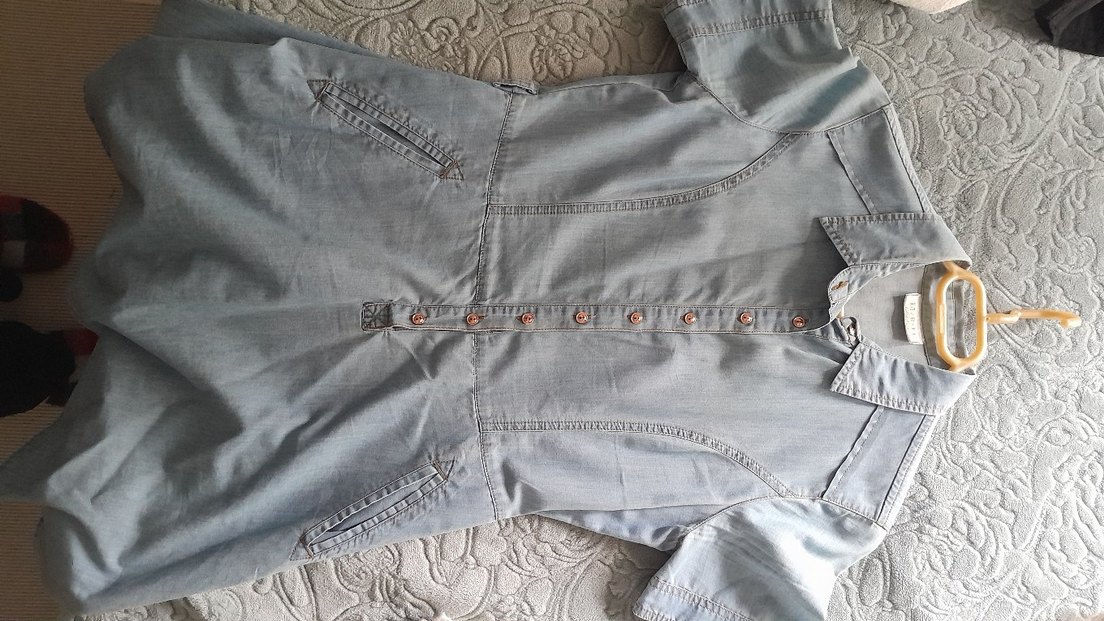 Düğmeli Kısa Kollu Mavi Denim Elbise - Görsel 5