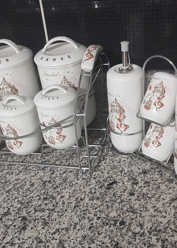 Beyaz Desenli Mutfak Baharat ve Yağ Seti