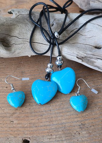 Turkuaz Kalp Boncuklu Bohem Kolye ve Küpe Seti - Görsel 5