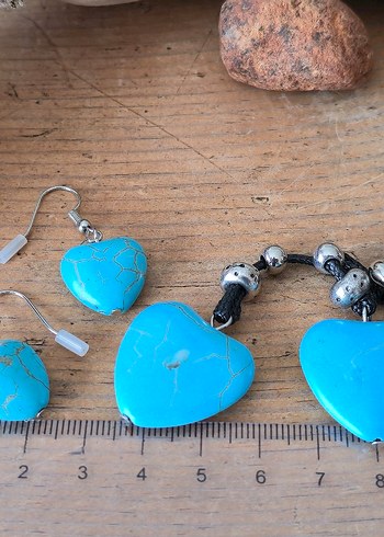Turkuaz Kalp Boncuklu Bohem Kolye ve Küpe Seti - Görsel 2